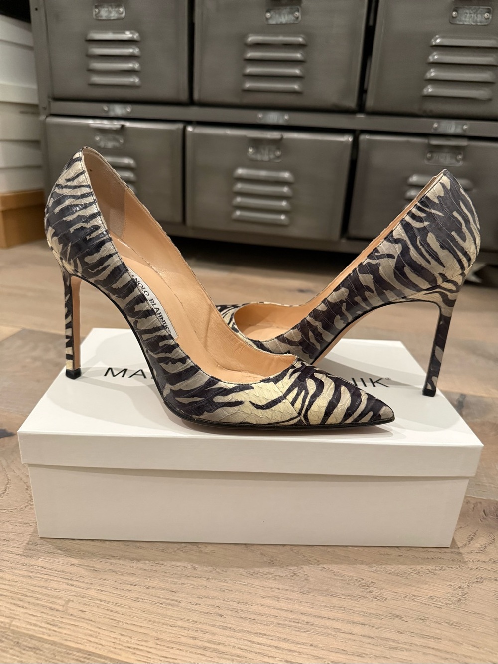 Manolo Blahnik Black and White Zebra embossed Pointed-Toe Stiletto Pumps